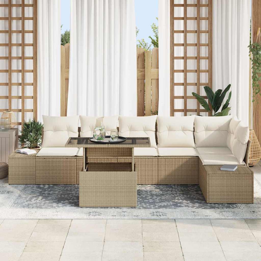 Garten-Sofa-Set mit Speicher 7 pcs Beige Poly Rattan